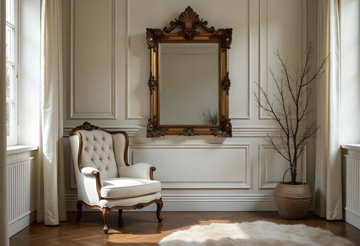 Reflections of Elegance Antique Mirror and Chair in a Timeless Space